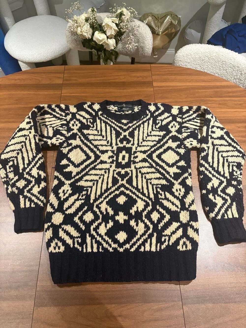 Ralph Lauren Vintage 1985 Hand Knit Geometric Southwestern Sweater Size M Black
